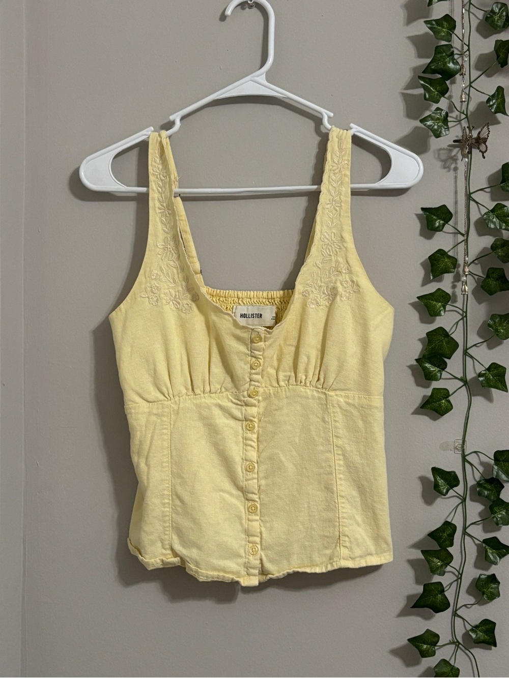 Hollister Pale Yellow Embroidered Button-Front Camisole